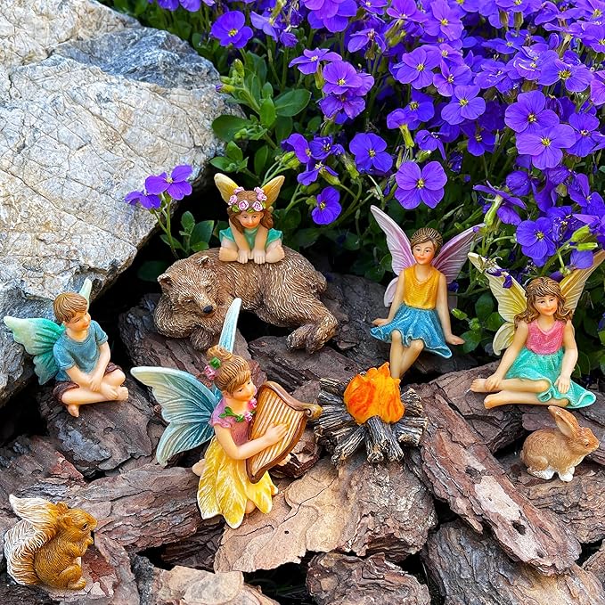 Mood Lab Fairy Garden - Miniature Fairies Figurines Accessories - Camping Kit of 9 pcs - Set for Outdoor or House Decor