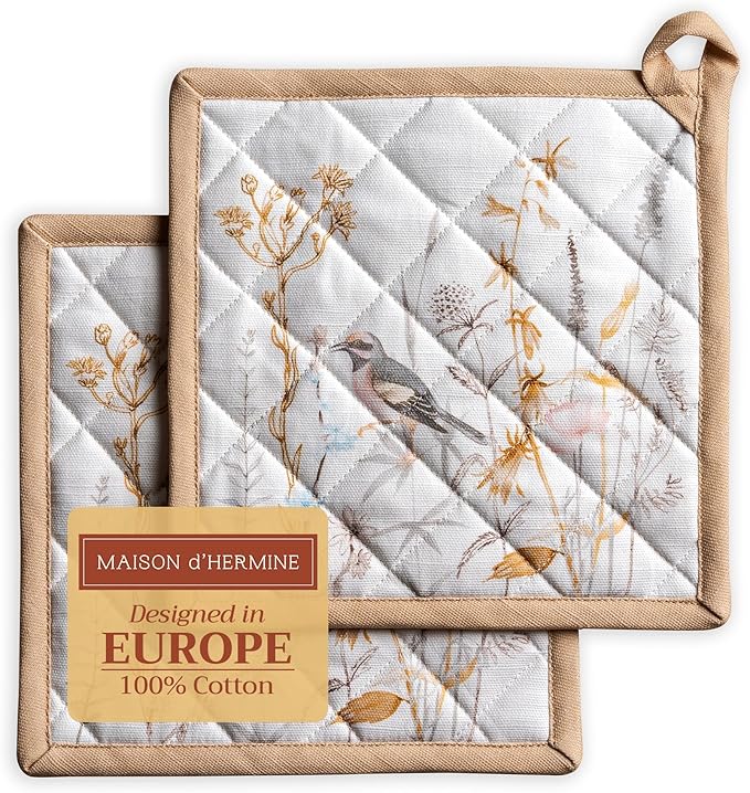Maison d' Hermine Pot Holders Set 100% Cotton Heat Resistant Potholders 8" x 8" Hot Pads with Loop BBQ, Cooking, Grilling, Kitchen, Handling Hot Pans Spring/Summer (Pack of 2, Meadow Florals - Beige)