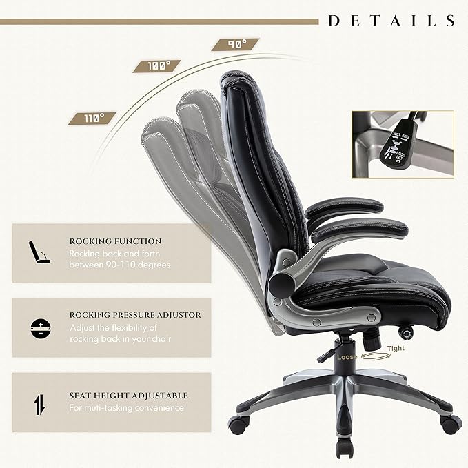 Executive Leather Office Chair, Ergonomic Office Chair with Adjustable Lumbar Support,High Back Computer Desk Chair, Flip-up Arms, Swivel Rolling Home Office Work Chair for Adults, Men, Women (Black)