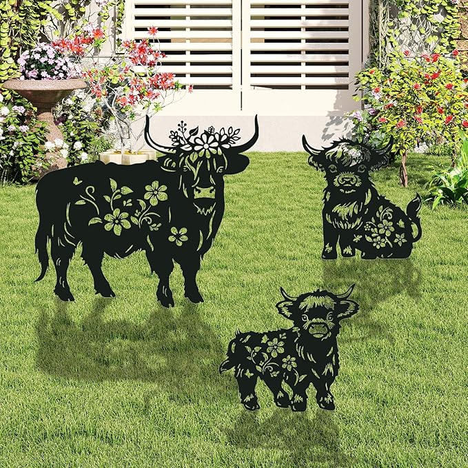 Highland Cow Metal Garden Stakes Yard Decor, 3PCS Black Cow Silhouette Statues Garden Decorative Gifts for Yard Art, Patio, Outside, Lawn Ornaments Outdoor, Yard Art