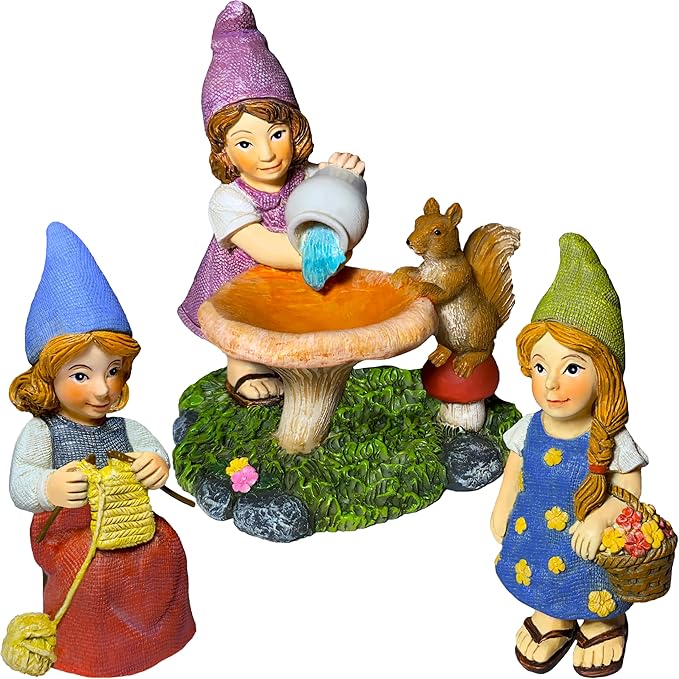 Mood Lab Miniature Garden Gnomes - Lady Gnomes Kit of 3 pcs - Figurines & Accessories Set - Outdoor or House Decor