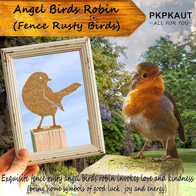 5Pcs Metal Birds Robin Fence Decorations Outdoor Yard Art, Rusty Birds Fence Art Outdoor and Garden, Metal Bird Silhouette Craft Statue Ornaments Fence Topper Decor