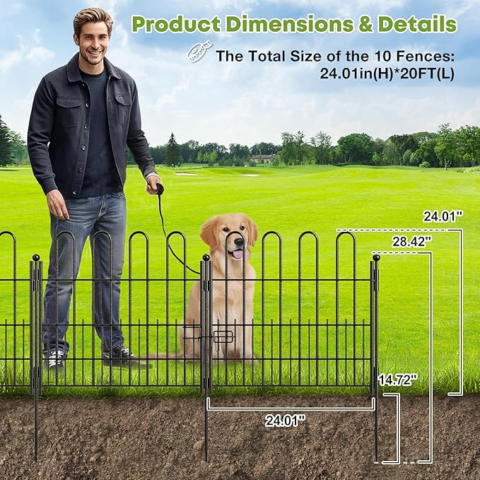 10 Panels Garden Fence with Latch Gate, 24.01in (H) X 20ft(L) Animal Barrier Fence with 1in Gaps for Rabits, Dog Fencing Outdoor for Yard, Flower Beds, Patios, Vegetable Patches