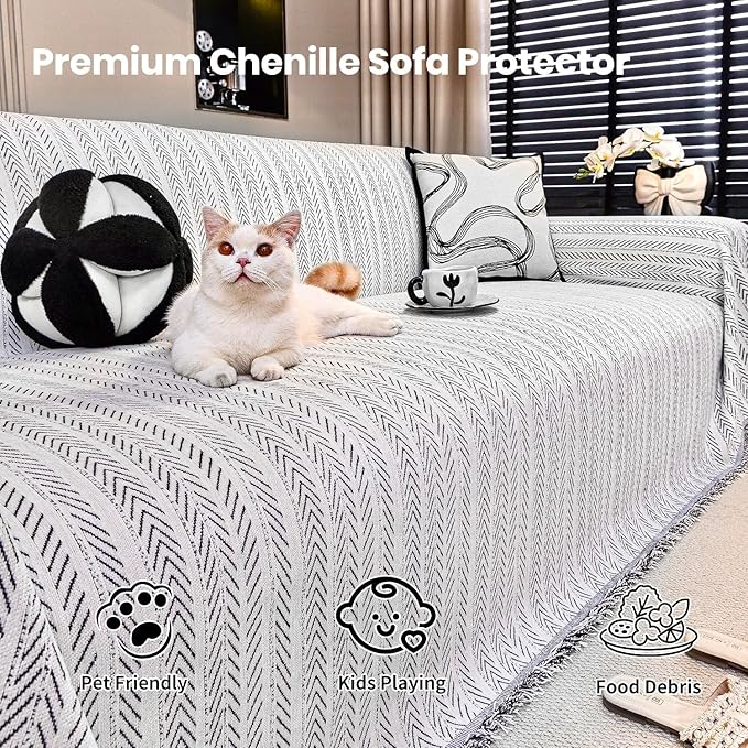Nobildonna Sofa Cover Washable Soft Thicken Chenille Couch Cover with Tassel,Waterproof Sofa Slipcover for 2-3 Cushion Couch,Sectional Sofa,L-Shaped Furniture Protector Pet-Friendly,Beige 91"x118"