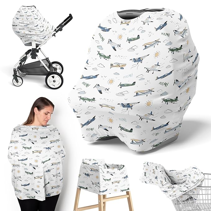 Sweet Jojo Designs Green Vintage Airplane Boy Infant Baby Car Seat Cover for Nursing, Breastfeeding, High Chair, Shopping Cart, Stroller, Carseat Canopy Carrier Multipurpose Use-Transportation, Clouds