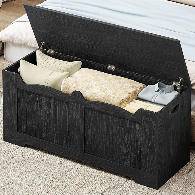 43.3" Storage Chest, Extra Large Storage Bench Trunk with 2 Safety Hinges, Wooden Box, Lift-Top Chest Organizer, Shoe Bench for Entryway, Bedroom, Living Room, Black SB25504X