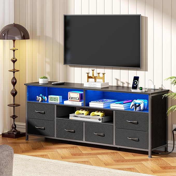 Furologee 55" LED TV Stand for Bedroom with Power Outlets, Entertainment Center with 6 Fabric Drawers for 50/55/60 inch TVs, Dresser TV Stand Long Console Media Table for Living Room, PU Black