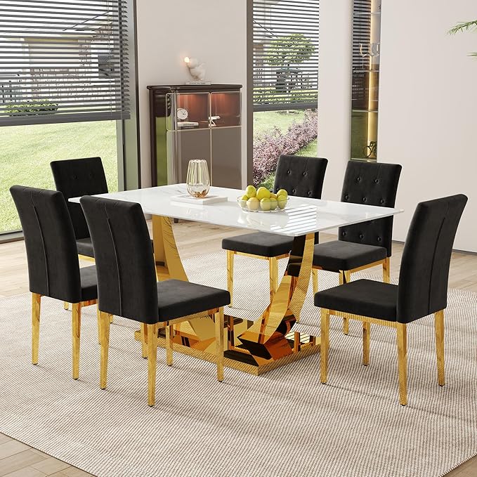 63" Modern Dining Table Set for 6, White Dining Room Set for 6, Tempered Glass Kitchen Table and PU Leather Chairs, Marble Pattern Top with Sturdy Gold Chrome Base