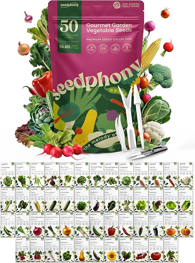 50 Gourmet Garden Vegetable Seeds Variety Pack - 34,455+ Non-GMO Heirloom Vegetables Seeds for Planting Indoor Outdoor: Broccoli, Carrot, Onion, Lettuce, Pepper - Gardening Seed Packets