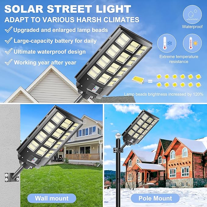 loyoele 9000W Solar Street Lights Outdoor 240000 Lumens Solar Flood Light with Remote Control & Motion Sensor, Waterproof IP66 Dusk to Dawn Solar Power Lights for Garden,Yard, Path, Parking Lot 2-Pack