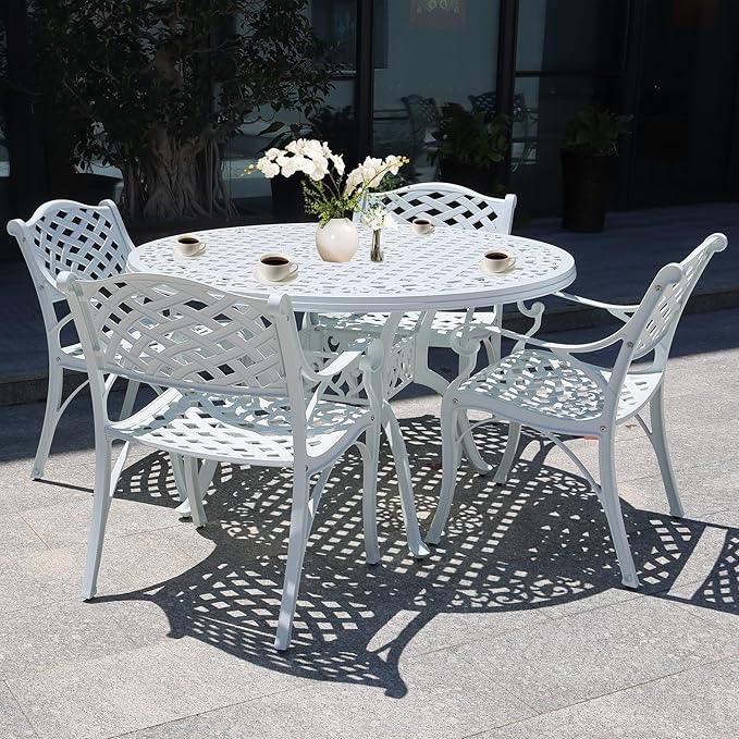 48" Round Patio Table for 6-8 Person Cast Aluminum Bistro Table with 2.36" Umbrella Hole,Metal Outdoor Dining Tables,Wrought Iron Patio Bistro Table,White Patio Table.