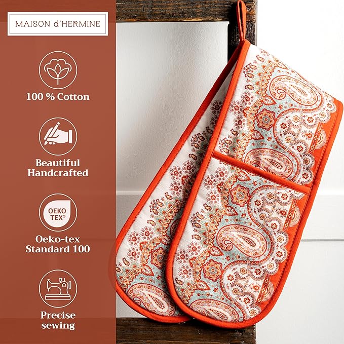 Maison d' Hermine Double Oven Mitt (7" x 35") 100% Cotton Heat Resistant BBQ Cooking Gloves with Loop for Thanksgiving Christmas Decorations Baking Cooking Barbeque Handling Hot Pan (Cachemire)