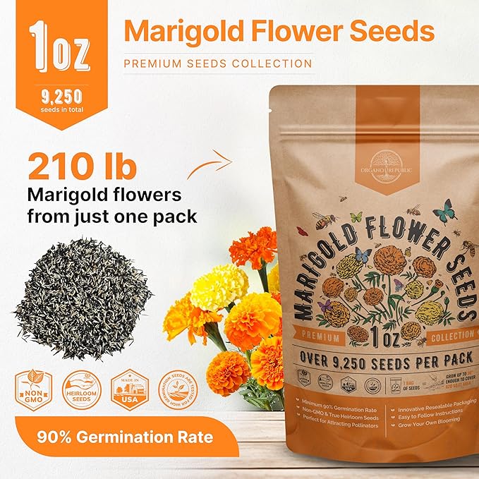 Marigold Seeds Pack 1 oz - Over 9,250 Non-GMO Heirloom Marigold Seeds for Planting Indoor & Outdoor Gardening, Flower Seed for Planting Home and Garden, Flowers Seed in Individual Packet