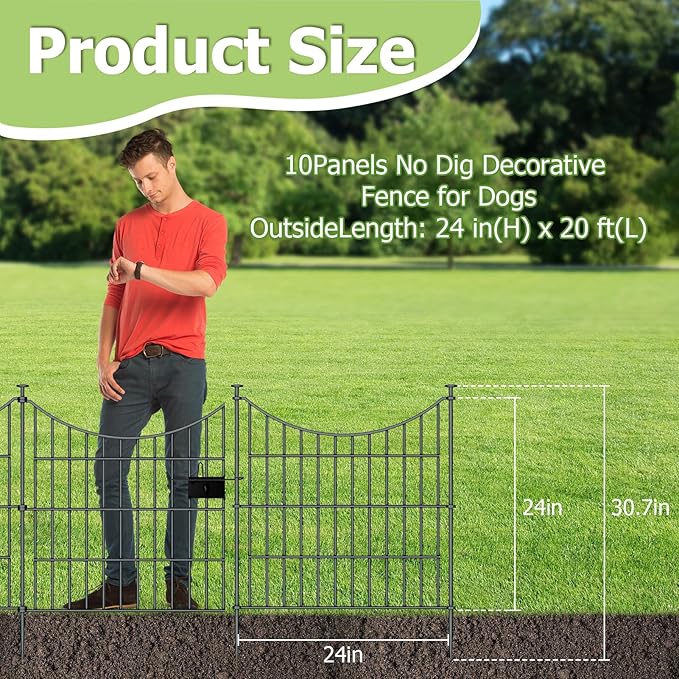 10 Panels Garden Fence Dog Fence Outdoor for Yard, 24in H x 20ft L Rustproof Metal Fencing with Ground Stakes | No Dig Animal Proof Containment for Pets/Rabbits | Durable Patio Security Panels