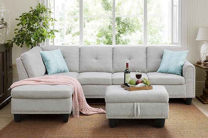 98 Inch L Shaped Sectional Sofa with Chaise Lounge, Storage Ottoman and 2 Pillows, 4-Seaters Linen Upholstered Tufted Couch w/Cupholder & Nailhead Trim for Living Room, Office, Light Gray