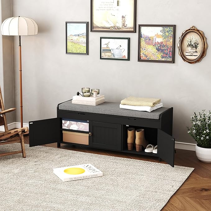 HOMEFORT 41.3" Shoe Bench with Lift Top Storage, Entryway Bench with Cushioned Seat, Wooden End of Bed Bench, Shoe Cabinet Bench with Hidden Storage Space, for Bedroom, Hallway,Black