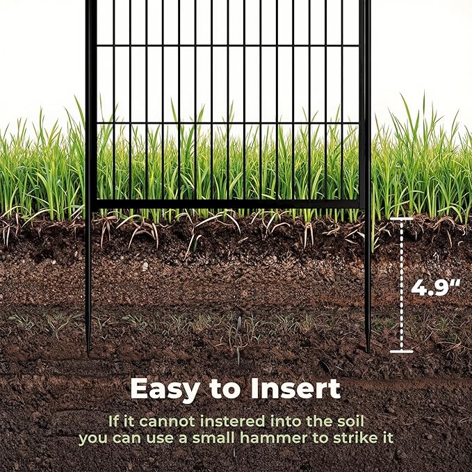 SunsGrove Garden Fence 50 in(H) x 5.1 ft(L) 2 Panels, Heavy Duty Metal Animal Barrier Fence for Dogs, Easy No-Dig Setup, Decorative Dog Fences, Black