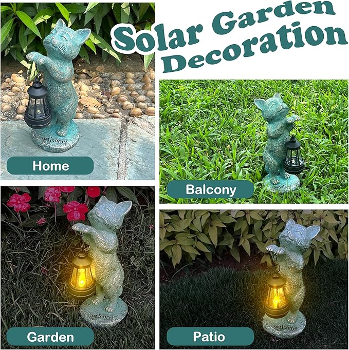 Outdoor Garden Cat Statues Decor - Birthday Gifts for Women Resin Cat Figurines with Solar Lantern for Yard Art Lawn Ornaments Porch Patio Balcony - Gifts for Grandma Mom Wife