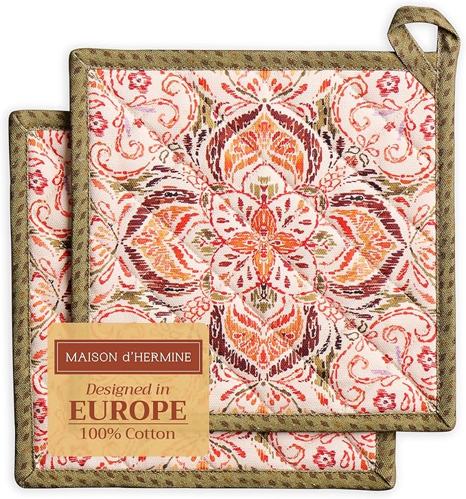 Maison d' Hermine Pot Holders Set 100% Cotton Heat Resistant Potholders 8" x 8" Hot Pads with Loop for Thanksgiving Christmas Decorations BBQ Cooking Baking Handling Hot Pans (Pack of 2, Damask)
