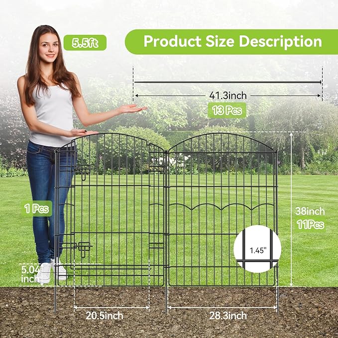Decorative Garden Fence 12 Panels 29.6ft(L)×38in(H) No Dig Animal Barrier Fencing with 11 Panels + 1 Gate, Metal Garden Fences Rustproof Wire Border Temporary Dog Fence for Patio Yard Outdoor