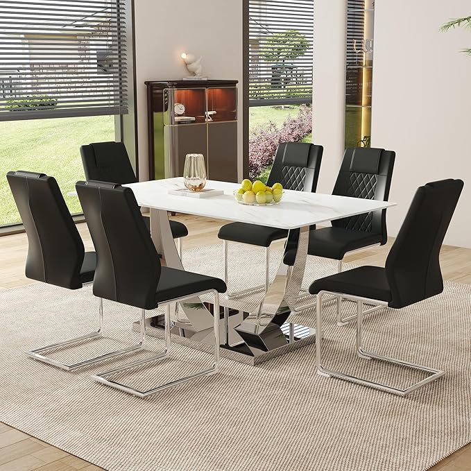 AZmac 63" Modern Dining Table Set for 6, White Dining Room Set for 6, Tempered Glass Kitchen Table and PU Leather Chairs, Marble Pattern Top with Sturdy Silver Chrome Base