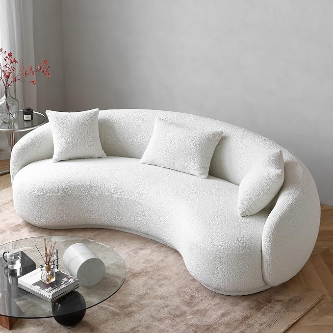Acanva Mid Century Modern Curved Living Room Sofa, 4-Seat Boucle Fabric Couch for Bedroom, Office, Apartment, White