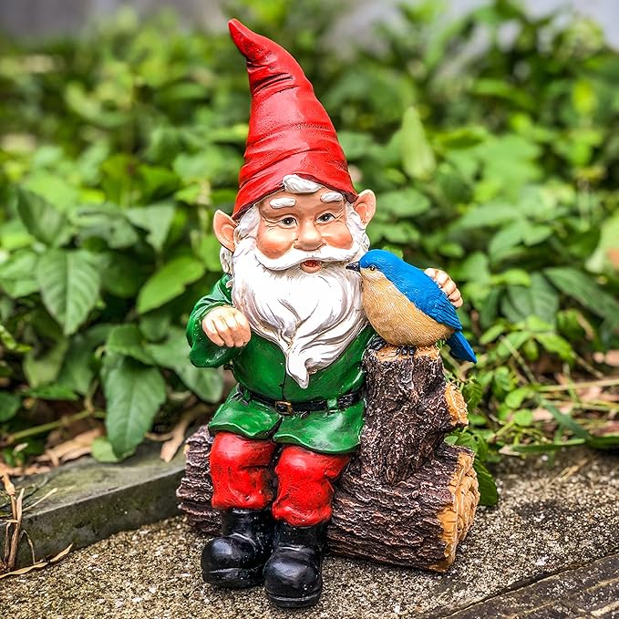 Topadorn Garden Gnome Statues with Bird Resin Sculpture Gnome Sitting on The Stump Outdoor Statues for Outdoor Garden Decor