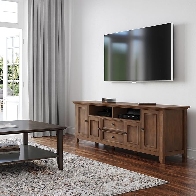 SIMPLIHOME Amherst 72-inch Wide Solid Wood TV Stand in Rustic Natural Aged Brown, Transitional-Style Media Console for Living Room with Cable Management and Adjustable Shelves, Fits 80" TVs