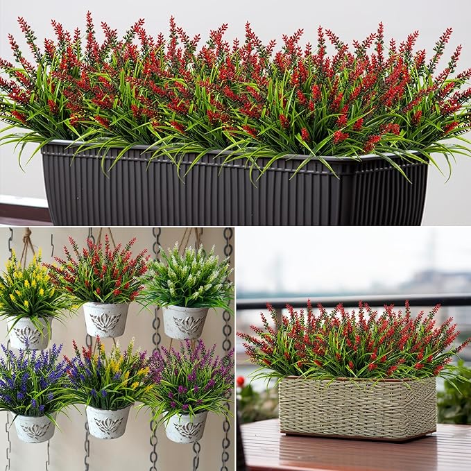 Artificial Flowers for Outdoor Plants 24 Bundles Fake Lavender Plastic Faux Monkey Grass for Verandah Window Garden Office Patio Front Porch UV Resistant for Planter(Red)