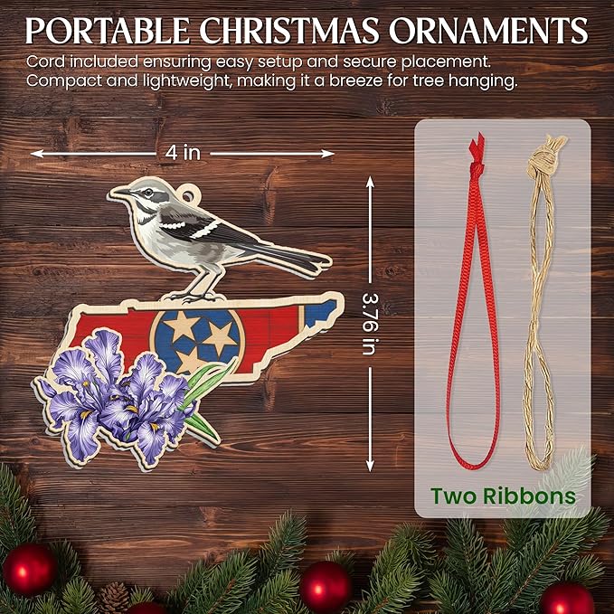 FLAGWIX Christmas Tennessee Gifts for Women Men - Suncatcher Tennessee Christmas Ornaments 2025 - State Ornaments for Tree with Mockingbird and Purple Iris, Xmas Decorations Gifts for Friend Family