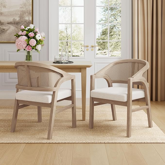 Christopher Knight Home Faritel Modern Wooden Dining Chairs Set of 2, Fabric Upholstered Kitchen Side Armchairs, Living Room Comfy Reading Chair with Curved Rattan Back, Light Ash+Beige