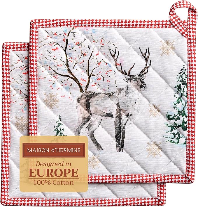 Maison d' Hermine Pot Holders Set 100% Cotton Heat Resistant Potholders 8" x 8" Hot Pads with Loop for Thanksgiving Christmas Decorations BBQ Baking Handling Hot Pans (Pack of 2, Rural Christmas)