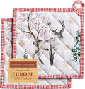 Maison d' Hermine Pot Holders Set 100% Cotton Heat Resistant Potholders 8" x 8" Hot Pads with Loop for Thanksgiving Christmas Decorations BBQ Baking Handling Hot Pans (Pack of 2, Rural Christmas)