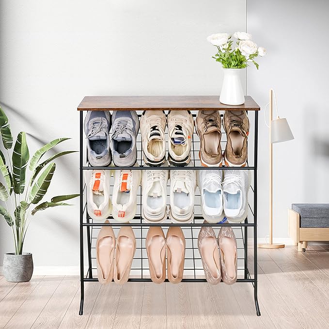 Narrow Shoe Rack for Front Door Entrance,4-Tier Shoes Rack Storage Organizer with 3 Slanted Shelves and Top Shelf for Entryway,Skinny Space Saving Shoe Rack, Black