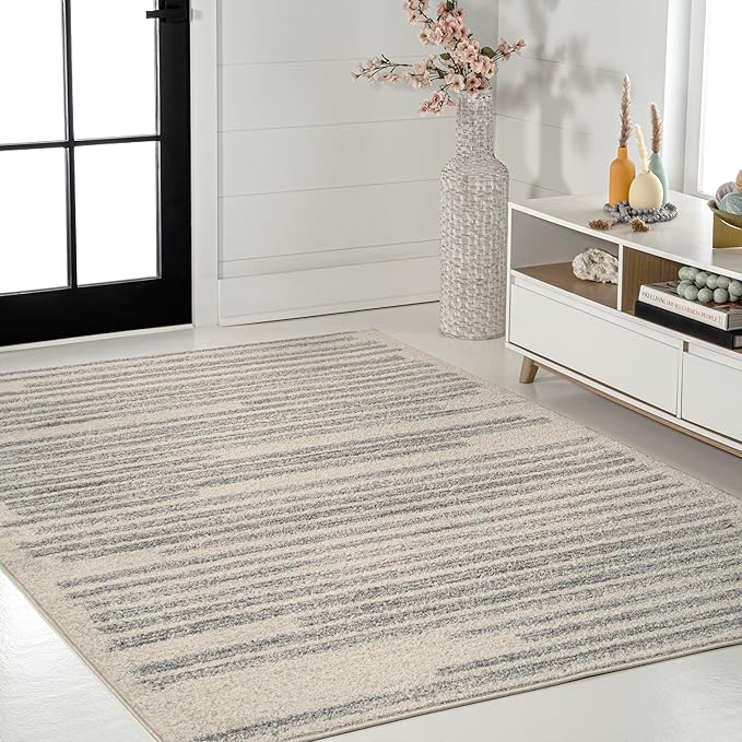 JONATHAN Y Khalil Modern Berber Stripe Cream/Gray Indoor Area Rug, 5x8, Contemporary, Bohemian, Easy-Cleaning for Living Room, Bedroom, Kitchen, Pet Friendly, Non-Shedding (MOH207C-5)