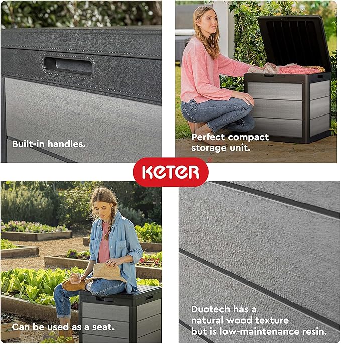 Keter Denali 30 Gallon Resin Outdoor Storage Box and Patio Furniture Side Table for Pool and Garden Accessories, Grey & Black