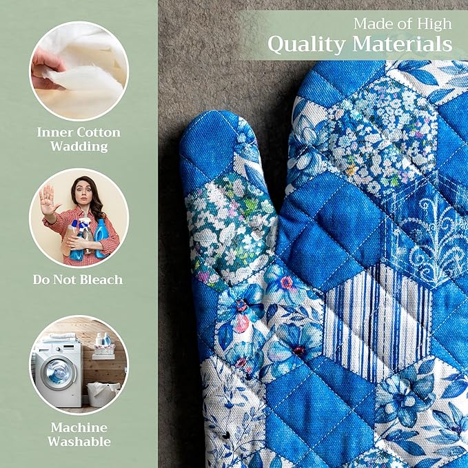 Maison d' Hermine Oven Gloves 100% Cotton Oven Mitt 7" x 13" with Loop Heat Resistant, BBQ, Cooking Gloves, Baking, Grilling, Kitchen, Handling Hot Pans Spring/Summer (Pack of 1, Summer Blues)