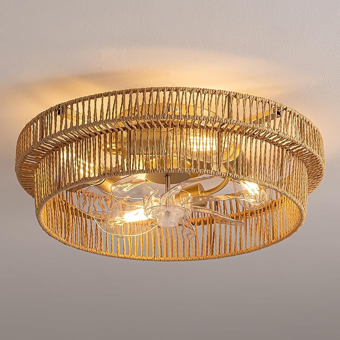 Rattan Boho Ceiling Fan with Light Flush Mount, 20 Inch Caged Ceiling Fans with Light and Remote Control, Low Profile Enclosed 6 Speeds for Bedroom, Nursery, Living Room, E26 Base (Brown)