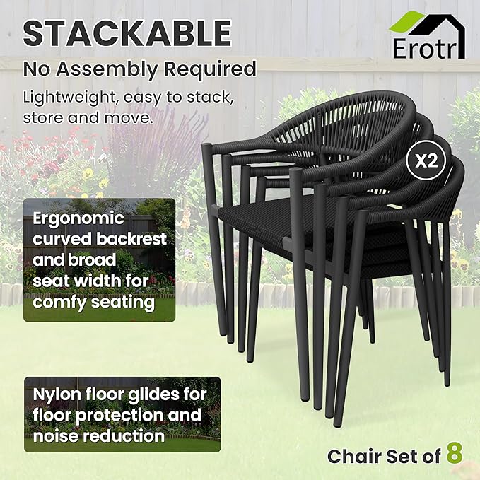 4 Pcs Stackable Patio Dining Chairs, Aluminum Rattan Outdoor Dining Chair with Arms, Woven Rope Garden Armchair Metal No Assembly for Bistro Balcony Porch Deck Yard Cafe Restaurant, Black
