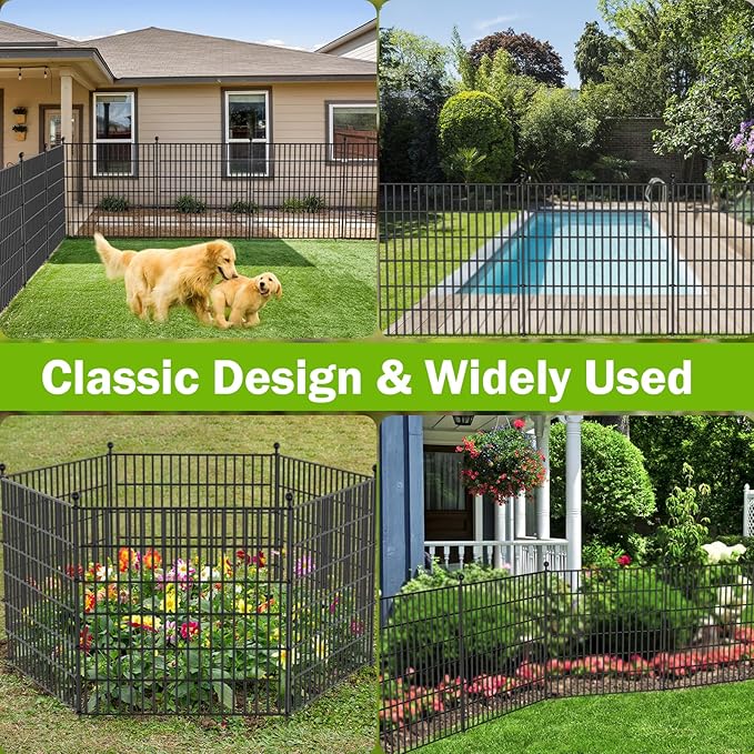 10 Panels No Dig Decorative Outdoor Garden Fence with Gate for Yard, 24 in(H) X 20 ft(L) Animal Barrier Fencing Rustproof Metal Wire Panel Border for Dog, Rabbits, and Patio Temporary Ground Stakes