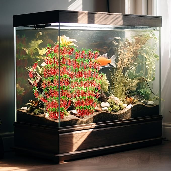 MyLifeUNIT Aquarium Plants, 21 Inches Tall Plastic Fish Tank Plants for Fish Tank Decorations and Aquarium Decor (Wine Red)