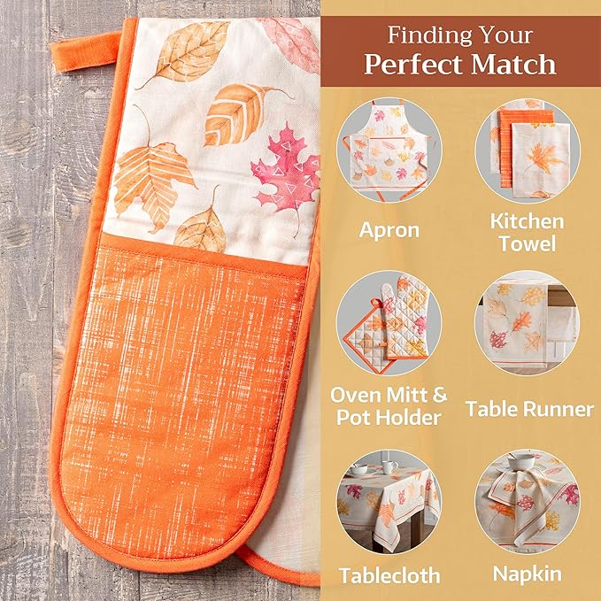 Maison d' Hermine Double Oven Mitt (7" x 35") 100% Cotton Heat Resistant BBQ Cooking Gloves with Loop for Thanksgiving Christmas Decorations Baking Cooking Handling Hot Pan (Colours of Autumn)