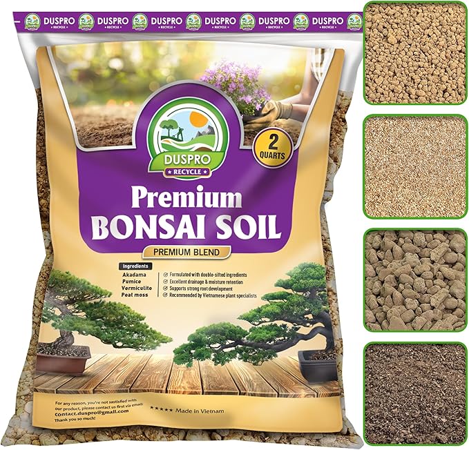 DUSPRO Recycle Premium Bonsai Soil Mix Ready to Use Pre-Mixed 5in1 with Akadama, Pumice, Vermiculite, and Peat Moss Professional Bonsai Potting Soil Mix 2 Qrt