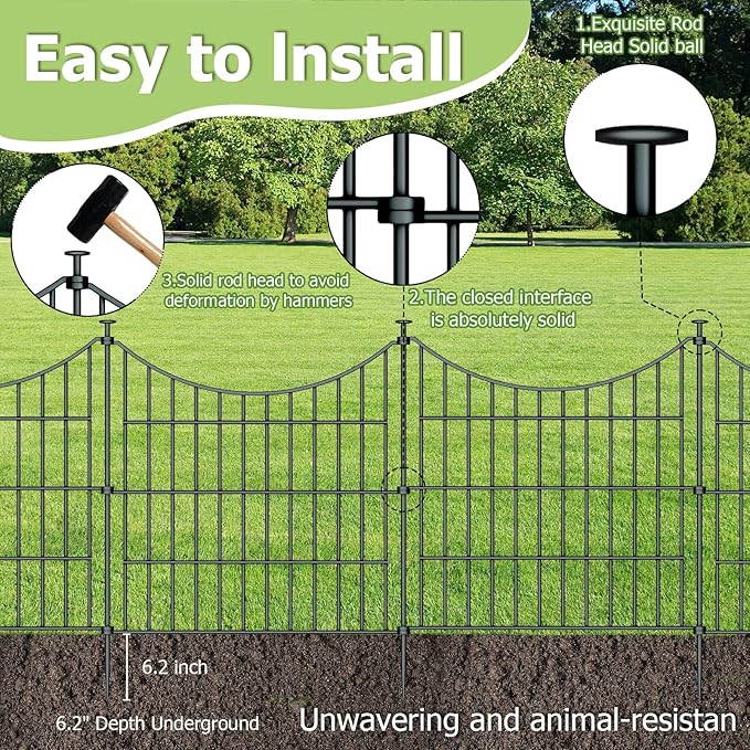 10 Panels Garden Fence Dog Fence Outdoor for Yard, 24in H x 20ft L Rustproof Metal Fencing with Ground Stakes | No Dig Animal Proof Containment for Pets/Rabbits | Durable Patio Security Panels