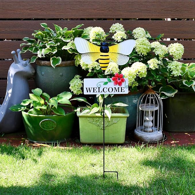 Veclotch 30"" H Metal Bee Garden Stake,Rustic Bee Decorative Yard Stakes Metal Yard Art Ornaments Welcome Sign Outdoor Spring Garden Decor for Patio Lawn Porch Pathway Decor