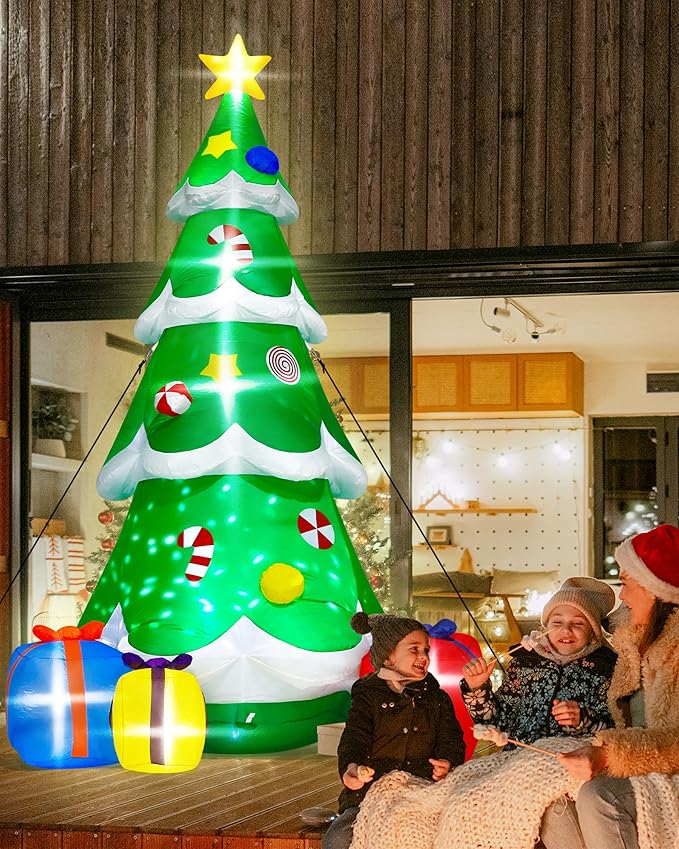 12FT Christmas Tree Inflatables, Giant Blow Up Christmas Tree with Boxes, Lighted Up Xmas Inflatables with Rotating Snowflake Lights for Xmas