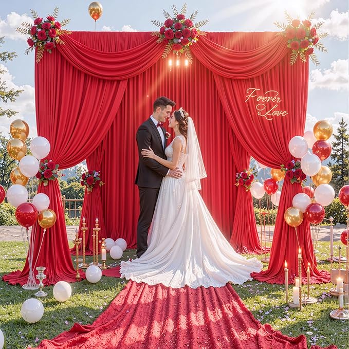 10ft x 8ft Wrinkle Free Red Backdrop Curtains for Parties, Polyester Photo Backdrop Drapes 2 Panels 5x8ft for Wedding Birthday Party Christmas Photography Background for Backdrop Stand