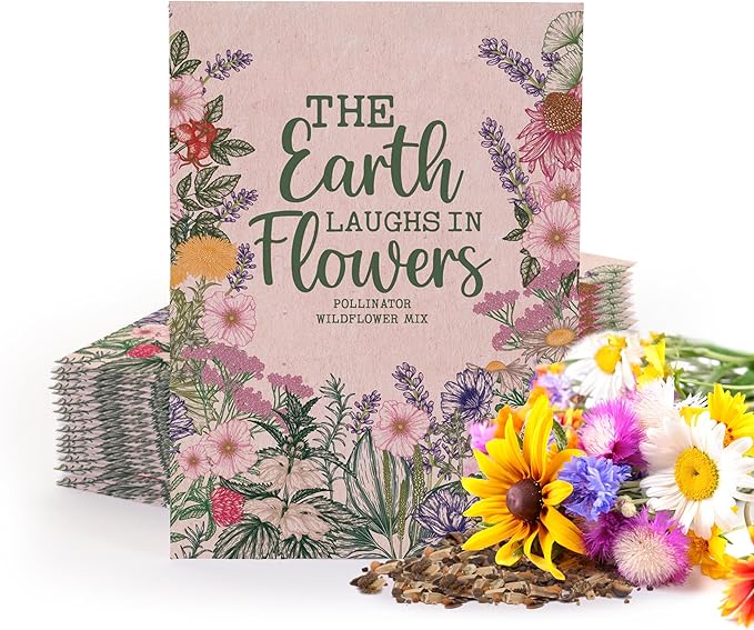 Bentley Seed Co. | The Earth Laughs in Flowers | Beautiful Illustrated Flower Design Art and Quote | Environmental Favor | Pollinator Wildflower Mix Seed Packets | Eco-Friendly Hand Out Gift | 25 Pack