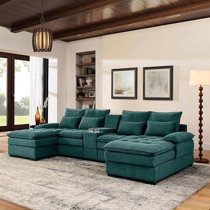 130" U-Shaped Sectional Sofa with Storage Console & Cup Holders, Upholstered 6 Seat Living Room Sleeper Couch Furniture Set w/Chaise, Cloud Cushion Couch for Home, Office, Apartment,Green
