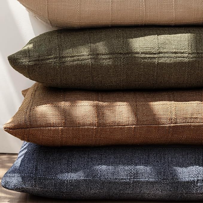 Foindtower Set of 2 Decorative Linen Check Throw Pillow Covers Neutral Farmhouse Vintage Cushion Covers Modern Boho Home Decor for Sofa Chair Couch Bedroom Living Room Outdoor,22×22 Inch,Navy Blue